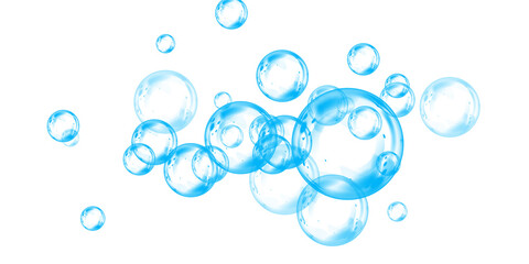 Blue soap bubbles, liquid sphere, foam freshness, underwater floating, vibrant dew, abstract shine, washing concept.