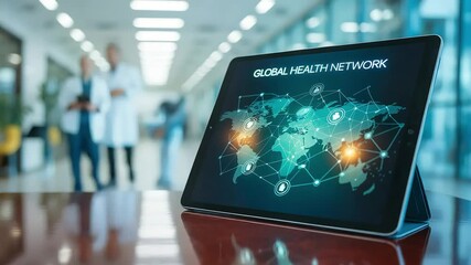 Global Health Network shown on tablet with doctors walking in background - Powered by Adobe