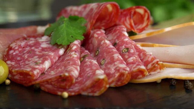 Close up of fresh slices cold cuts sausage ham bacon jamon rotate in circle on stone cutting board with olives and parsley. Meat. Pork beef. Food