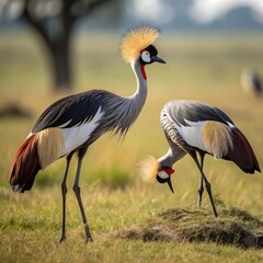 Grey Crowned Crane in Natural Habitat with Golden Feather Crown, grey crowned crane