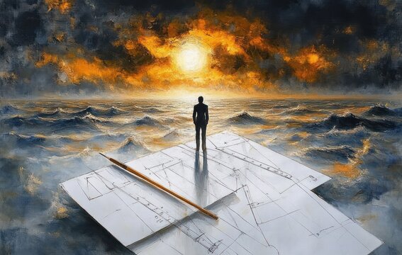 A lone man in silhouette standing on architectural blueprints over a turbulent sea beneath a fiery sunset sky, evoking solitude and contemplation