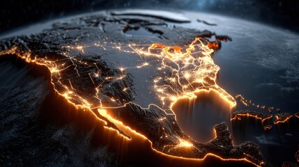 North American continent, illuminated by city lights, seen from space