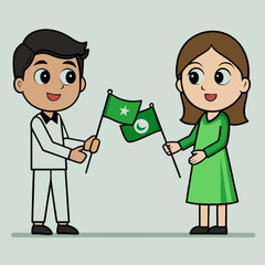 Minimilist cartoon boy and girl holding green flags with star and crescent moon symbols in a cheerful scene vector