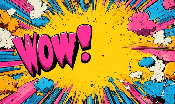 Bright colorful comic style explosion with dynamic bursts and comic lettering expressing surprise and excitement