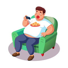 Overweight Man Sitting on Sofa Eating and Watching Phone