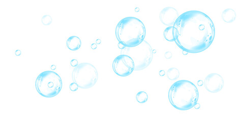 Blue soap bubbles, liquid sphere, foam freshness, underwater floating, vibrant dew, abstract shine, washing concept.