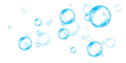 Blue soap bubbles, liquid sphere, foam freshness, underwater floating, vibrant dew, abstract shine, washing concept.