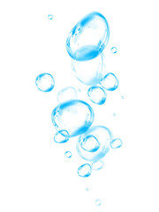 Blue soap bubbles, liquid sphere, foam freshness, underwater floating, vibrant dew, abstract shine, washing concept.