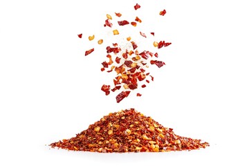 A dynamic burst of spicy red chili flakes suspended in mid-air, with a finely milled pile of dry paprika resting below, isolated on a bright white background