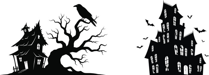 Fototapeta premium Silhouette of spooky haunted houses with a crow perched on a bare tree, creating a chilling and eerie atmosphere, isolated on white background