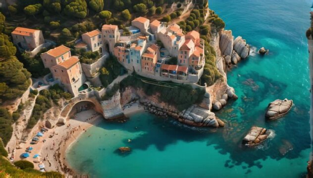 Sunlit terracotta rooftops cascade down to turquoise waters in a breathtaking Mediterranean coastal scene.