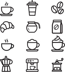 Coffee Icons Set Line Style Vector - Cafe Equipment Bean Cup Collection Black