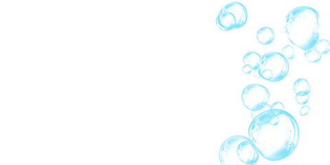 Blue soap bubbles, liquid sphere, foam freshness, underwater floating, vibrant dew, abstract shine, washing concept.