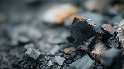 Raw cobalt mineral crystals on the black shale exhibit metallic reflections, showcasing strategic mineral resources and industrial clean energy materials.