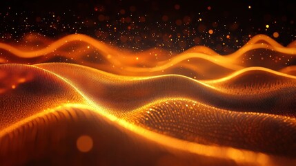 Glowing golden waves of light form smooth, flowing abstract shapes with sparkling particles in a dark background, evoking a sense of energy and motion