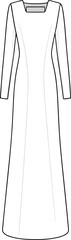 Long sleeve evening gown flat sketch, square neckline, floor length, fitted silhouette, fashion CAD drawing, elegant dress design