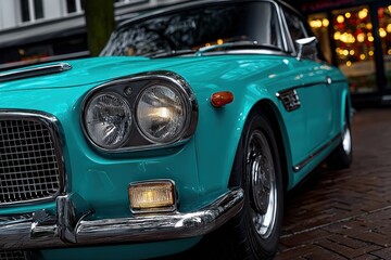 Teal classic convertible car front end