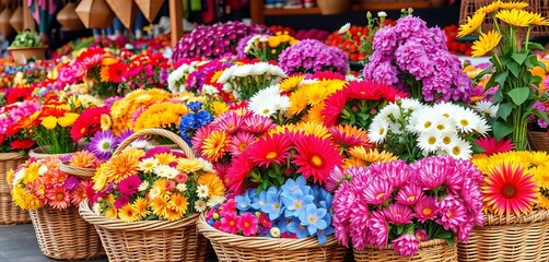 Fototapeta premium Vibrant blooms in woven baskets, overflowing with color at an African market, arrangement, trade