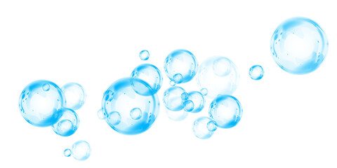 Blue soap bubbles, liquid sphere, foam freshness, underwater floating, vibrant dew, abstract shine, washing concept.
