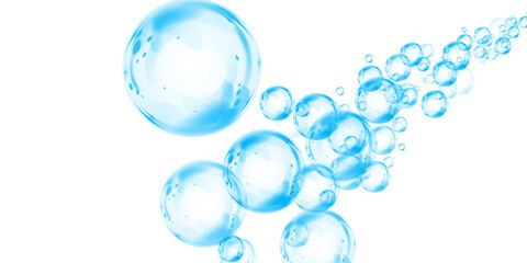Blue soap bubbles, liquid sphere, foam freshness, underwater floating, vibrant dew, abstract shine, washing concept.