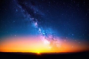 Obraz premium Vivid sunset over a distant mountain range with a starry night sky and the Milky Way galaxy stretching across the horizon, evoking awe and tranquility