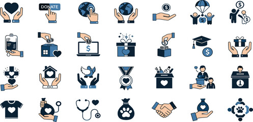 Charity and Donation line icon set. Contain icons related to Help, volunteer, donated, assistance, sharing, solidarity, and more. Linear icon collection. Editable stroke. Vector illustration
