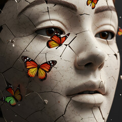 A woman's face is covered in butterflies, with one butterfly on her nose