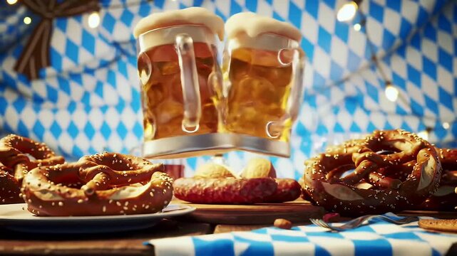 Oktoberfest Festival Banner, Oktoberfest festival scene with beer mugs clinking, pretzels, sausages on wooden table, blue and white Bavarian diamond pattern background