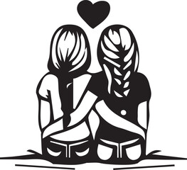 Silhouette of Embracing Couple Under Heart Symbol Expressing Love and Togetherness in Simplistic Black and White Design