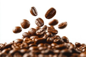 Obraz premium Close-up of roasted coffee beans falling and piling up on a white background, highlighting texture and rich brown color