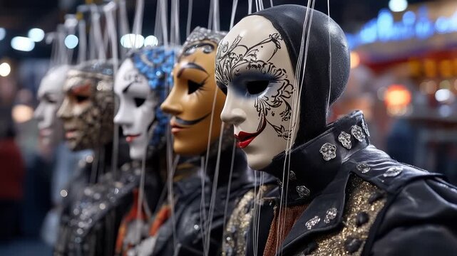 A group of intricately decorated puppet dolls waits for the show to begin. Each marionette displays a unique mask and costume, suggesting a variety of characters for the theater