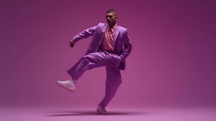 Stylish man in a purple pinstripe suit and pink shirt strikes a dynamic frozen-motion pose.