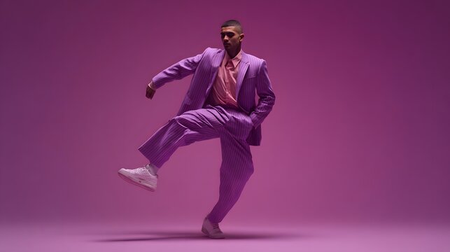 Stylish man in a purple pinstripe suit and pink shirt strikes a dynamic frozen-motion pose.