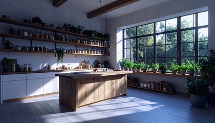 Spacious minimalist kitchen with a wooden island and open shelves, bathed in sunlight from a large window.