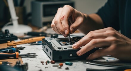 Person carefully repairing an old cassette player, highlighting manual skills.