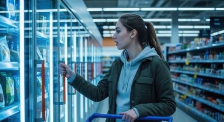 Fototapeta premium A young woman shops in a supermarket, browsing the frozen food section for groceries to buy.