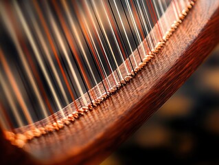 Close-up of harp strings stretched over a polished wooden frame with detailed texture under warm lighting