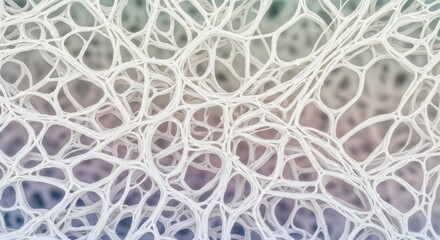 An abstract design features a web of intricate, interwoven white lines against a gradient backdrop.