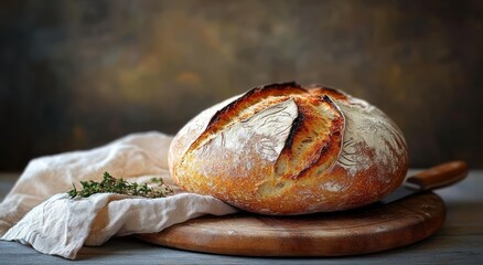 Freshly baked round loaf of rustic artisanal bread with crispy crust on wooden cutting board with a cloth and herb sprigs