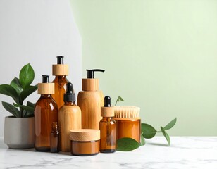 Healthy natural spa items still life with olive oil and herbal syrup bottles on a white isolated background