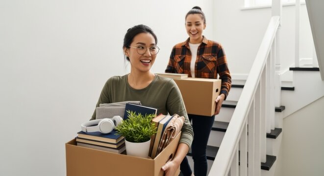 Two joyful women carry boxes up a staircase, symbolizing a new chapter in their lives. - Powered by Adobe