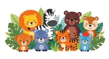 Obraz premium A cute cartoon illustration of a group of smiling jungle animals in a playful scene.