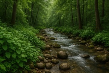 A Serene Forest Stream Flows Through a Lush Green Landscape