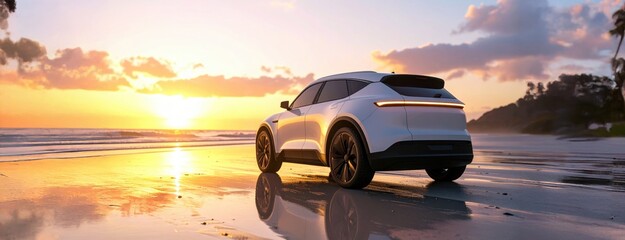 Sleek electric SUV parked on a serene beach at sunset, reflecting luxury travel, eco-conscious lifestyle, and the freedom of coastal road trips