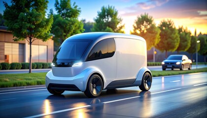 Fototapeta premium Futuristic electric delivery van cruising through a smart city street at golden hour, symbolizing innovation, eco-friendly transport, and urban mobility trends