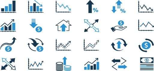 Fototapeta premium Increase and Decrease icon set. Contains such icons as stock market, profit, launch, Increase, Decrease, Growth, Fall, up, down, and more icons. Editable stroke. Vector illustration
