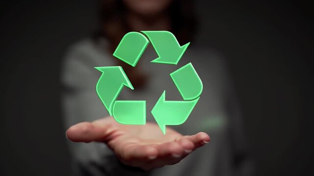 Green Recycling Symbol Floating Above an Open Hand Against Dark Gray Background Representing Ecological Responsibility and Environmental Awareness