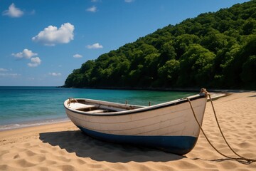 Obraz premium A lone boat rests on a tranquil beach under a clear blue sky, inviting contemplation of the vast ocean and serene surroundings
