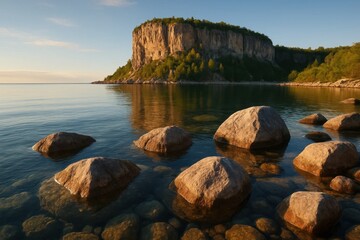 A Serene Rocky Shoreline at Dusk