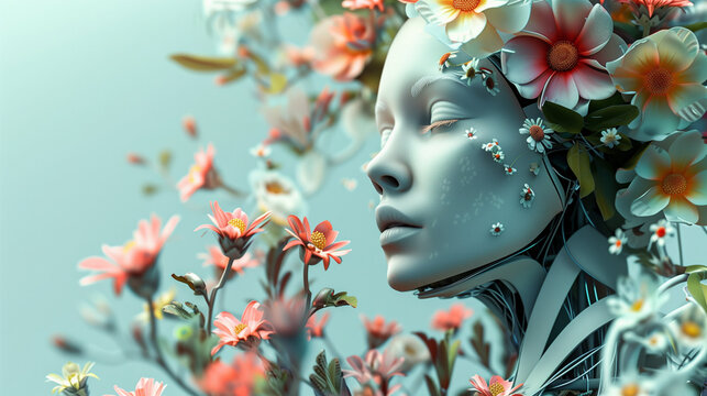 Futuristic female android with floral patterns 